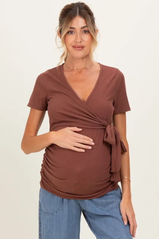 Brown Wrap Front Tie Maternity/Nursing Top made by Pinkblush