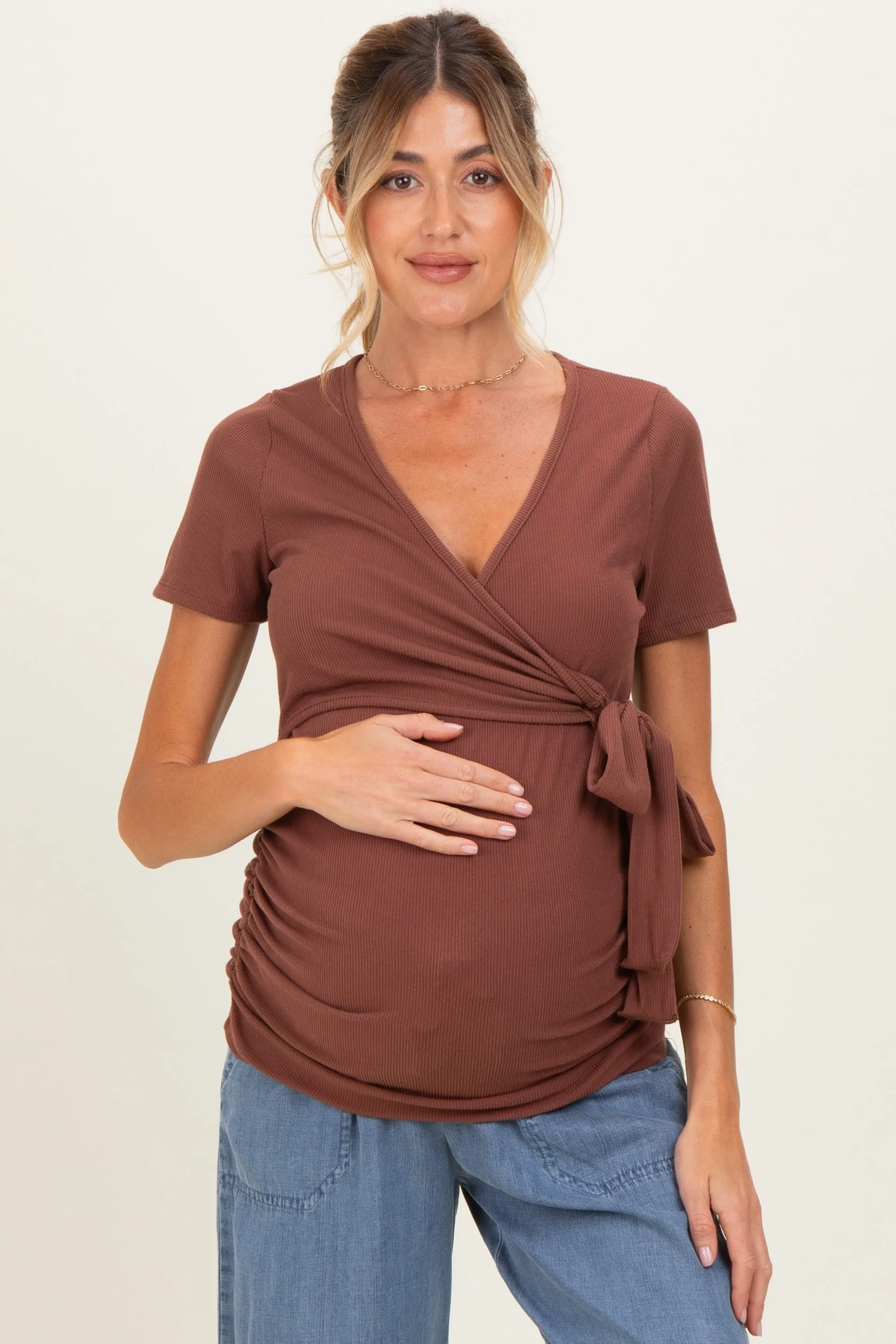 Brown Wrap Front Tie Maternity/Nursing Top sold by Pinkblush