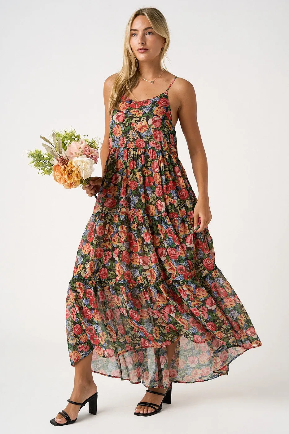 Black Floral Print V-Neck Tiered Maxi Dress sold by Pinkblush product image thumbnail 2