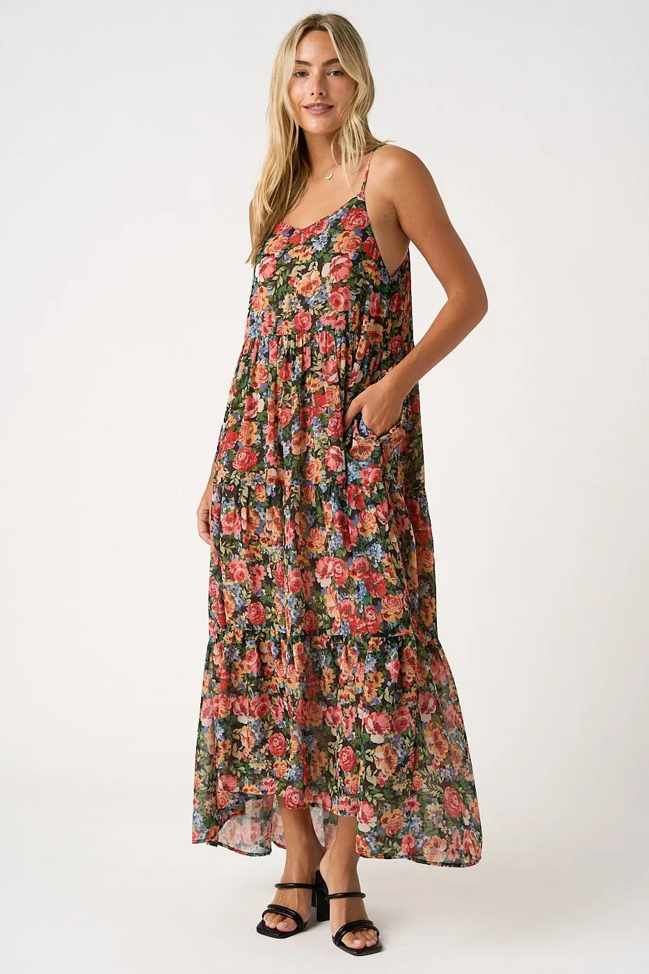 Black Floral Print V-Neck Tiered Maxi Dress sold by Pinkblush product image thumbnail 3