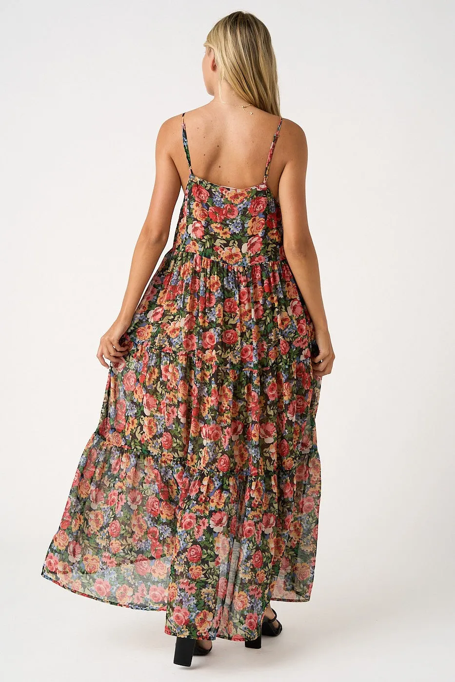 Black Floral Print V-Neck Tiered Maxi Dress sold by Pinkblush product image thumbnail 4