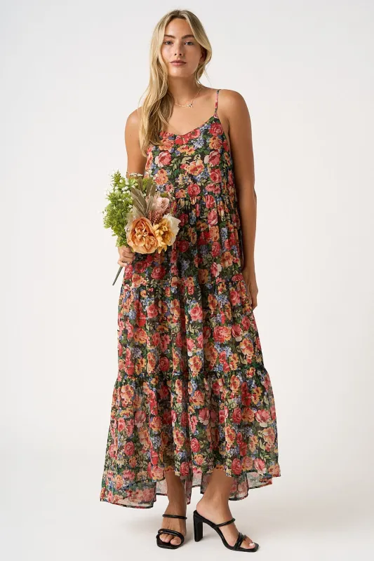 Black Floral Print V-Neck Tiered Maxi Dress made by Pinkblush