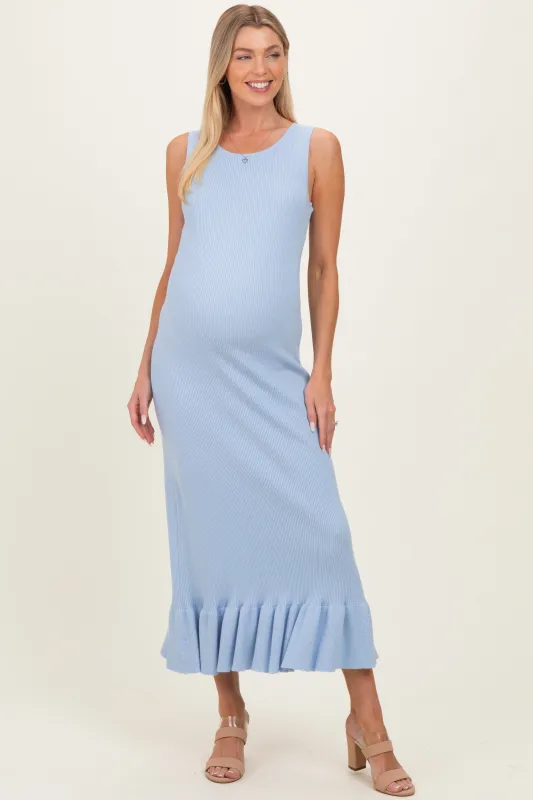 Sky Ribbed Knit Sleeveless Ruffle Hem Maternity Maxi Dress made by Able