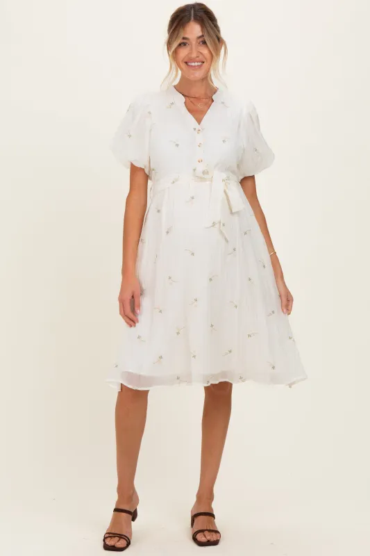 Cream Floral Embroidered Tie Waist Maternity Dress made by Polagram