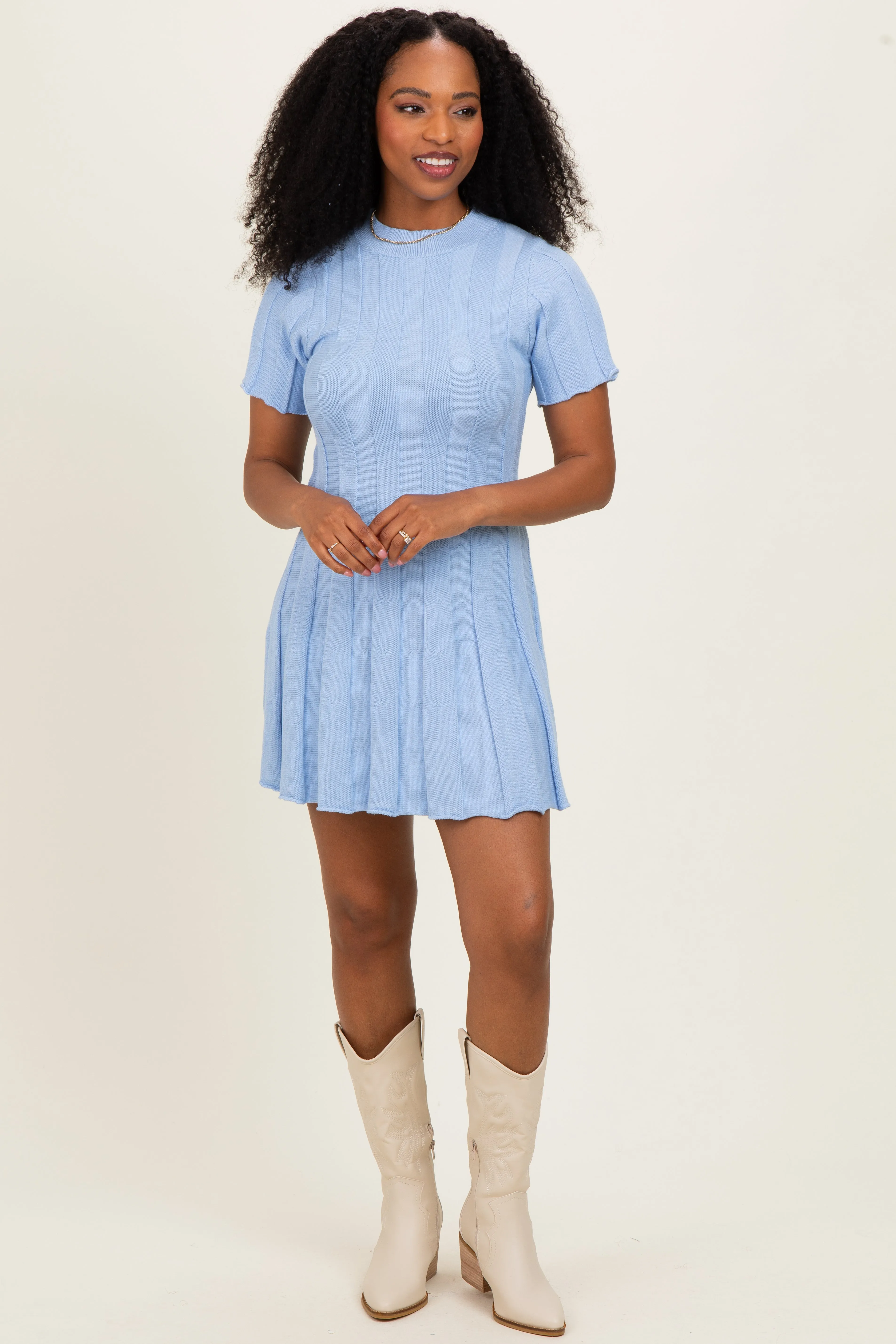 Blue Wide Rib Knit Short Sleeve Mini Dress sold by Pinkblush