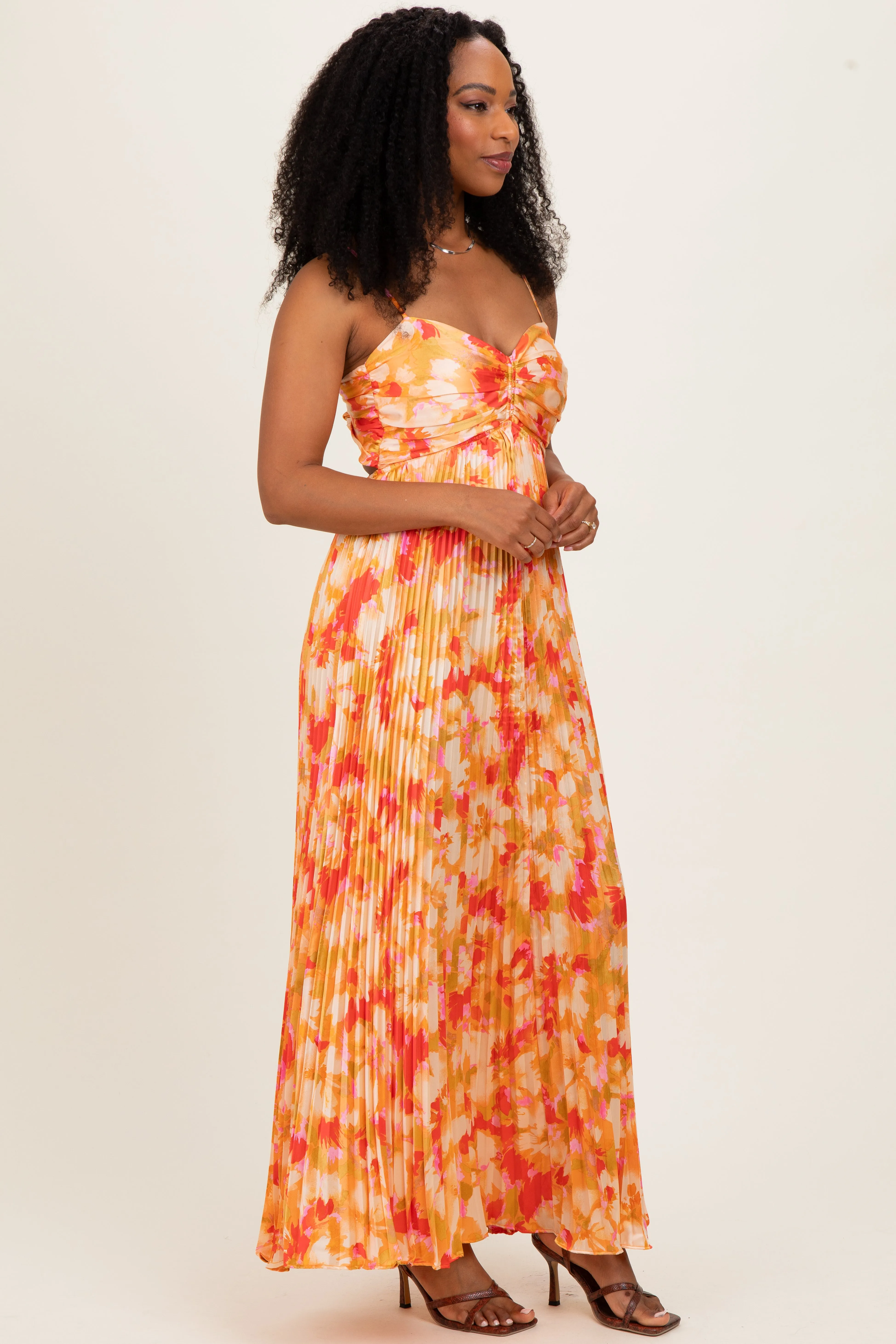 Orange Floral Pleated Sleeveless Maxi Dress sold by Pinkblush product image thumbnail 2