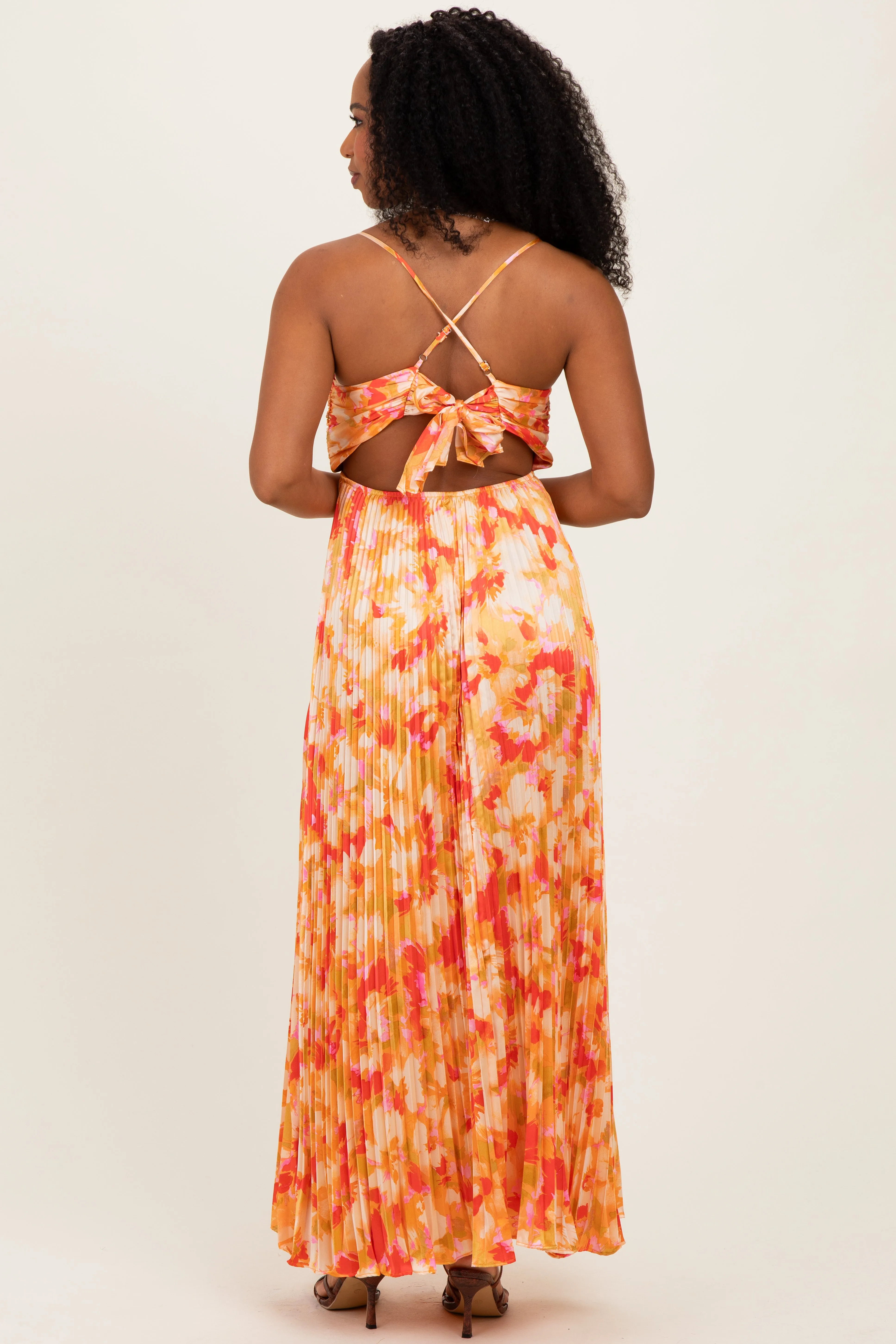 Orange Floral Pleated Sleeveless Maxi Dress sold by Pinkblush product image thumbnail 3