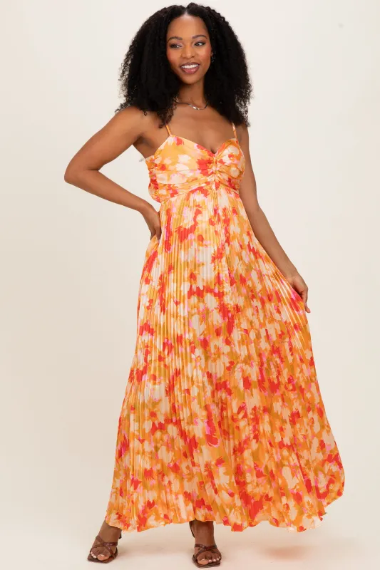Orange Floral Pleated Sleeveless Maxi Dress made by En Creme