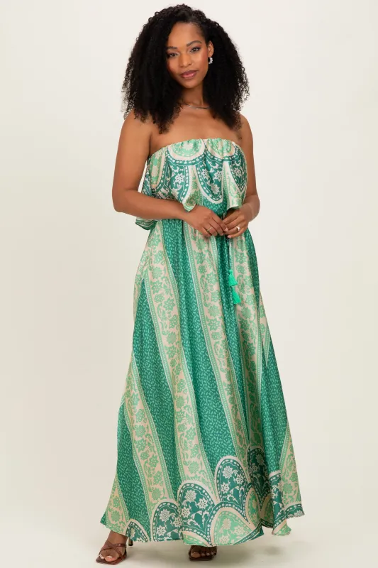 Green Printed Satin Flounce Strapless Maxi Dress made by Aakaa