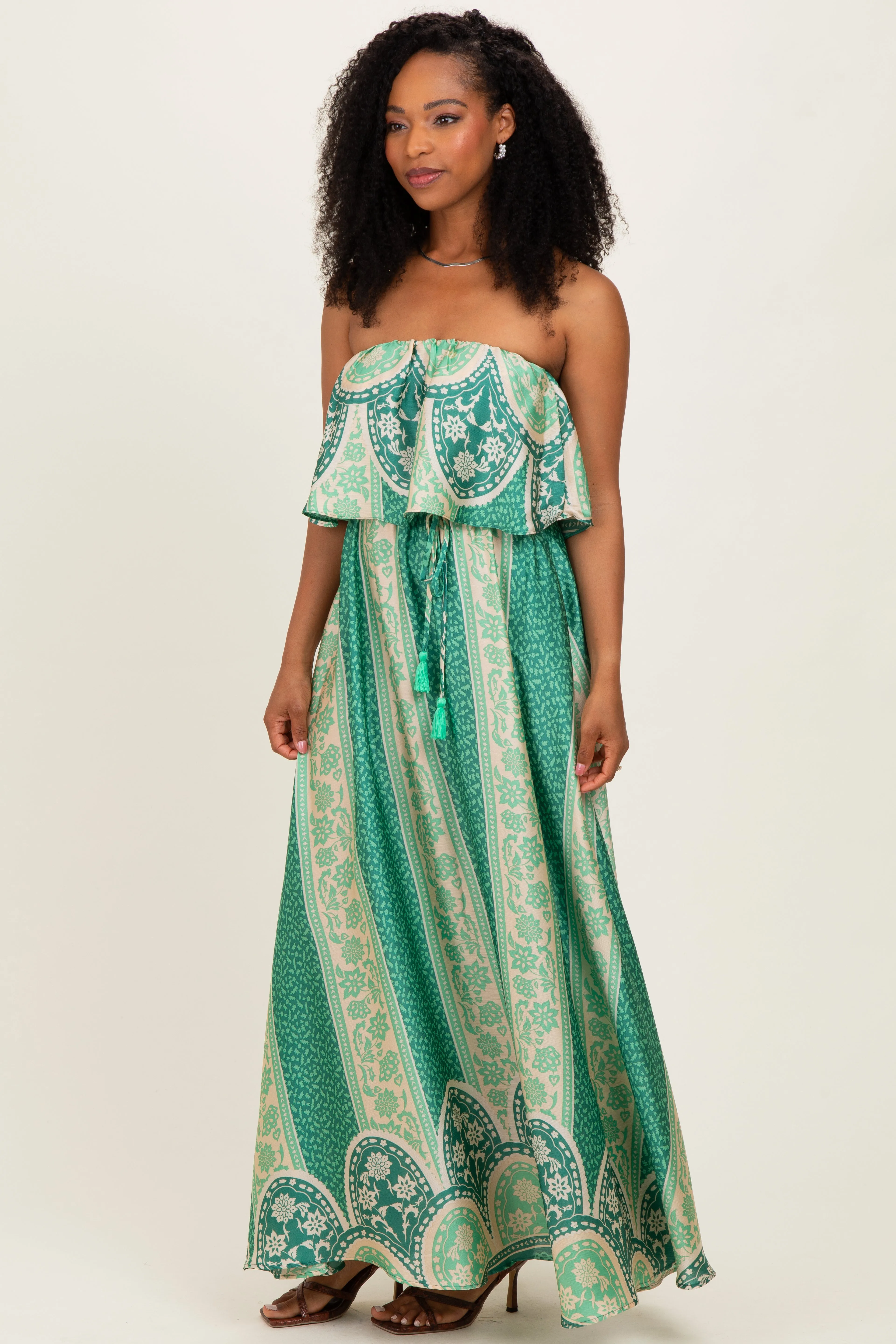 Green Printed Satin Flounce Strapless Maxi Dress sold by Pinkblush product image thumbnail 2