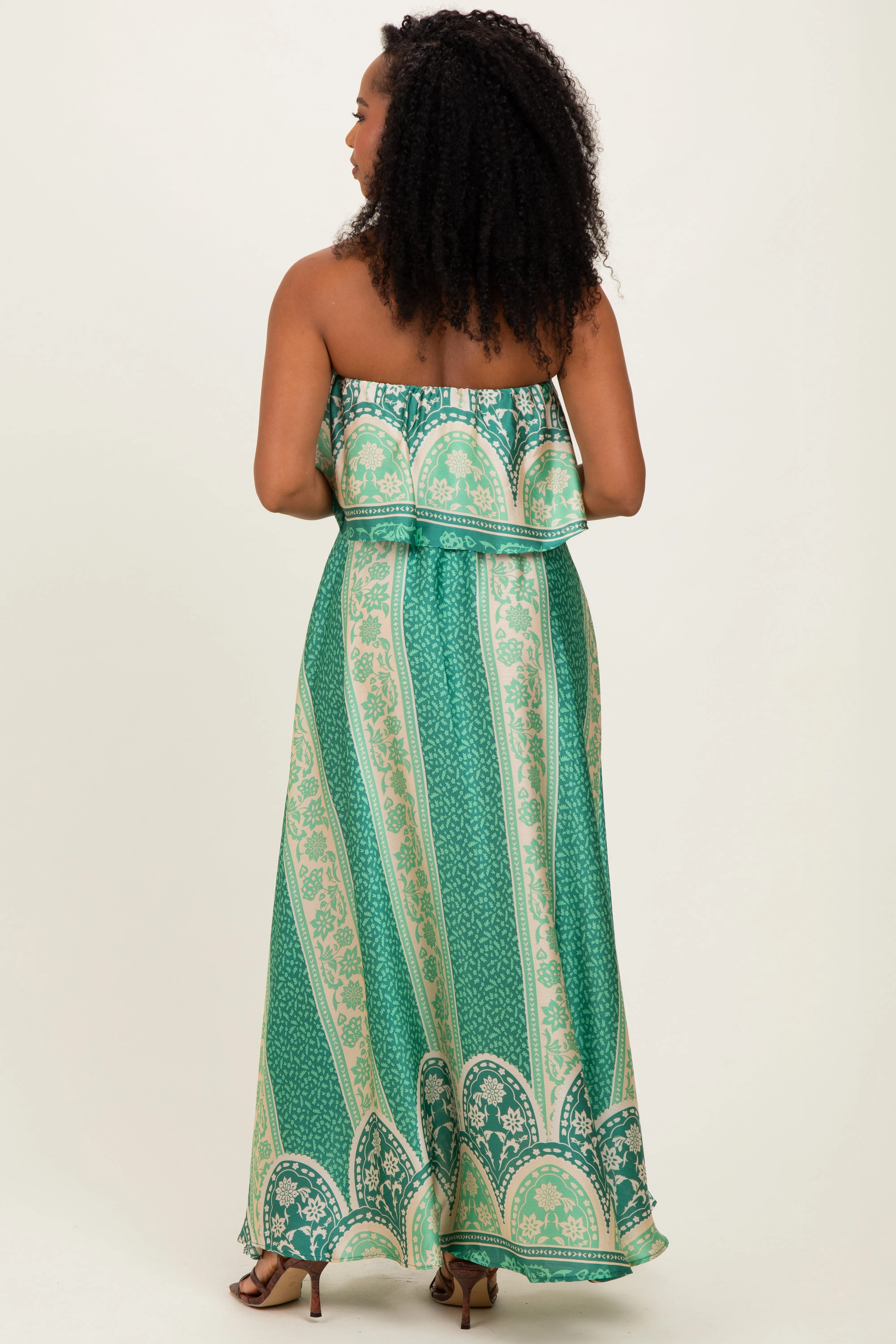Green Printed Satin Flounce Strapless Maxi Dress sold by Pinkblush product image thumbnail 3