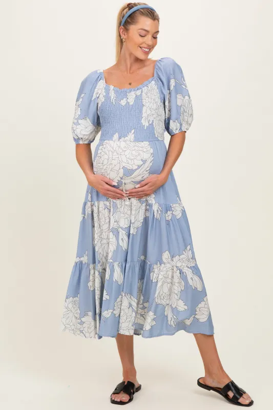 Light Blue Floral Cutout Tie Back Maternity Midi Dress made by Pinkblush
