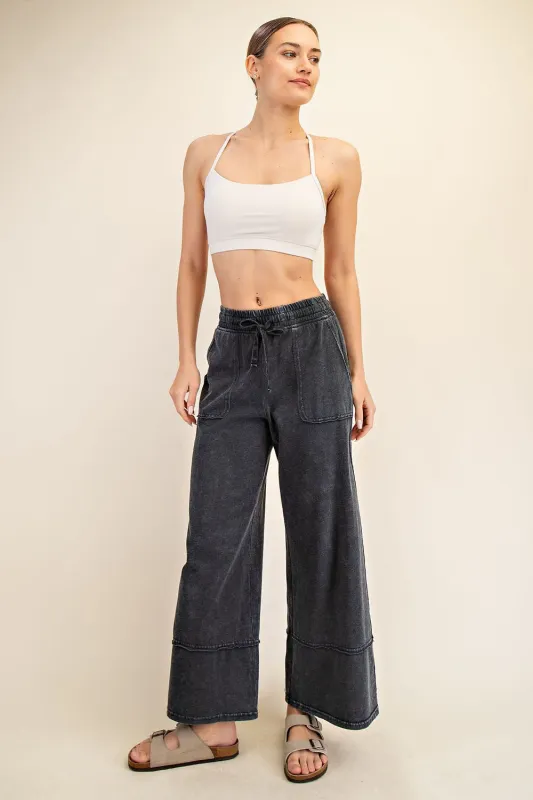 Black Mineral Wash Wide Leg Ankle Pants made by Rae Mode