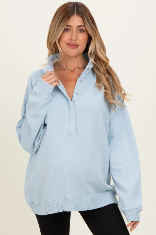Light Blue Snap Collar Oversized Maternity Sweatshirt made by Pinkblush