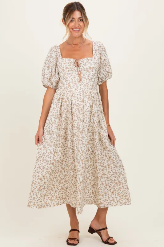 Cream Floral Puff Sleeve Maternity Midi Dress made by In February