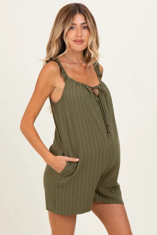 Olive Stripe Front Tie Linen Blend Maternity Romper made by Final Touch
