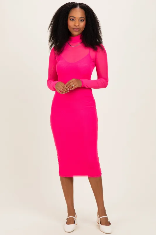 Fuchsia Mesh Overlay Fitted Midi Dress made by Fore Collection