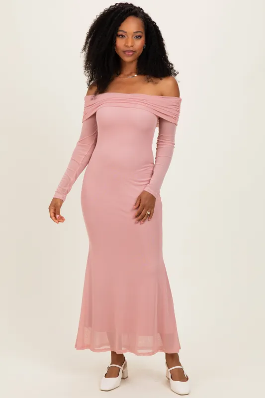 Mauve Mesh Overlay Off Shoulder Long Sleeve Midi Dress made by Fore Collection