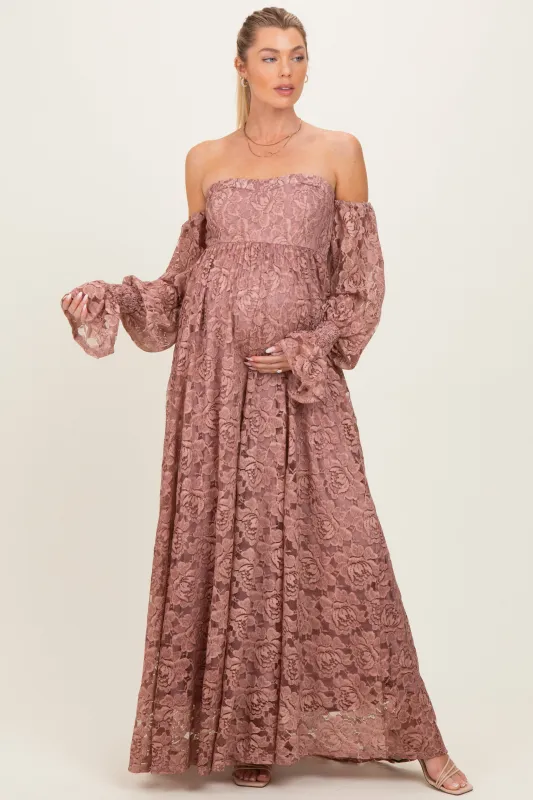 Mauve Lace Off Shoulder Long Sleeve Maternity Maxi Dress made by Pinkblush