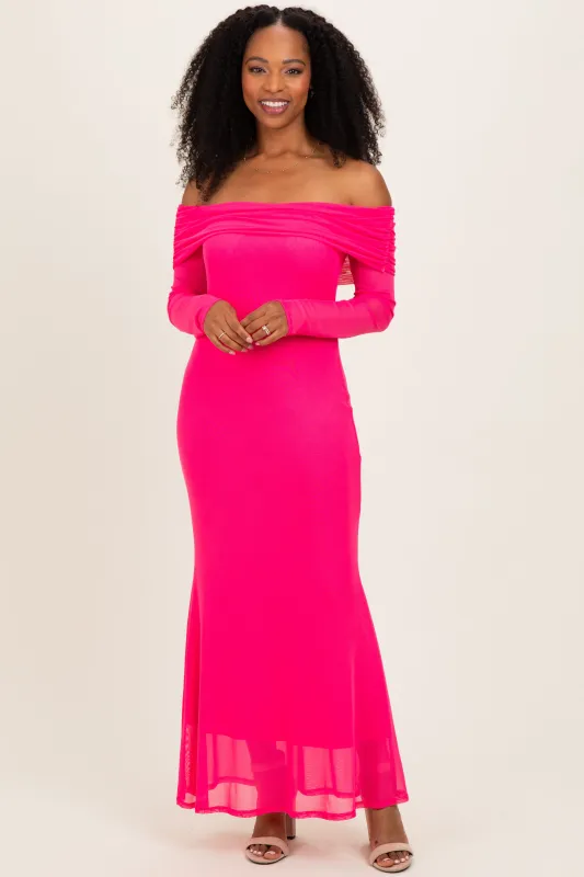 Fuchsia Mesh Overlay Off Shoulder Long Sleeve Midi Dress made by Fore Collection