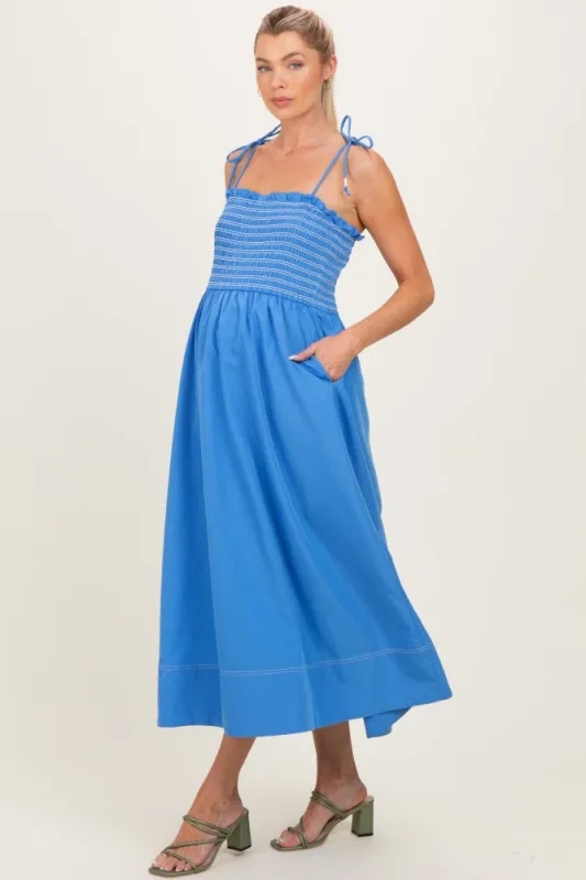 Blue Smocked Shoulder Tie Maternity Midi Dress made by entro