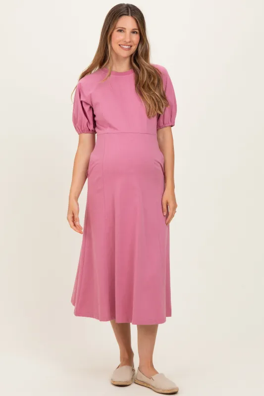 Pink Puff Sleeve Maternity Midi Dress made by Polagram