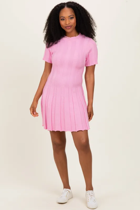 Pink Wide Rib Knit Short Sleeve Mini Dress made by So Me