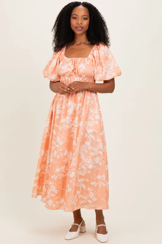 Peach Floral Textured Puff Sleeve Midi Dress made by Polagram