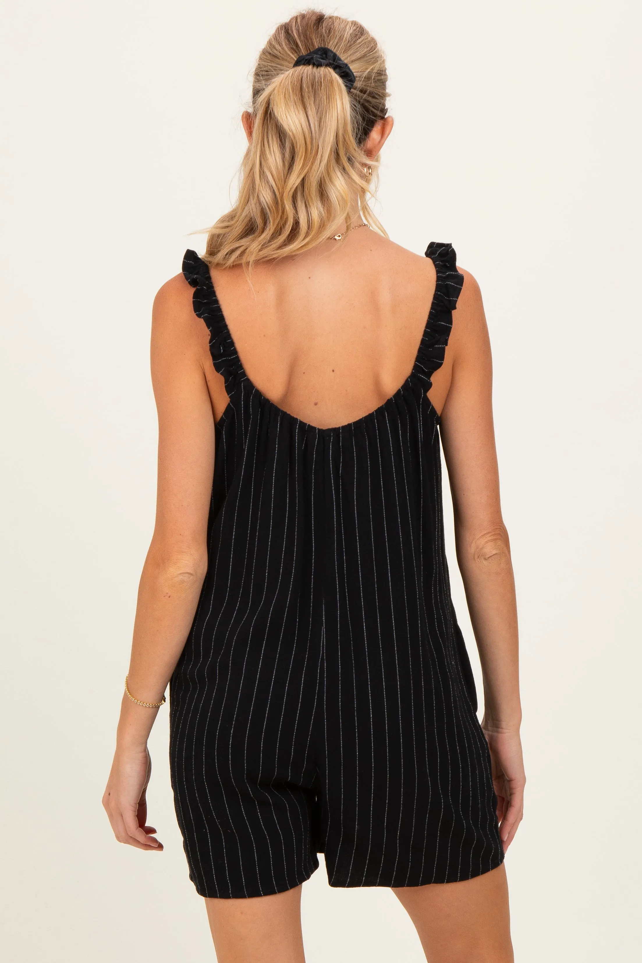 Black Stripe Front Tie Linen Blend Maternity Romper sold by Pinkblush product image thumbnail 4