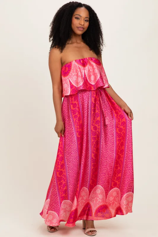 Fuchsia Printed Satin Flounce Strapless Maxi Dress made by Aakaa