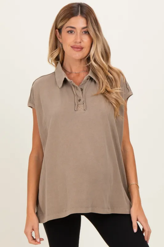 Mocha Pigment Dye Sleeveless Polo Oversized Maternity Top made by HYFVE