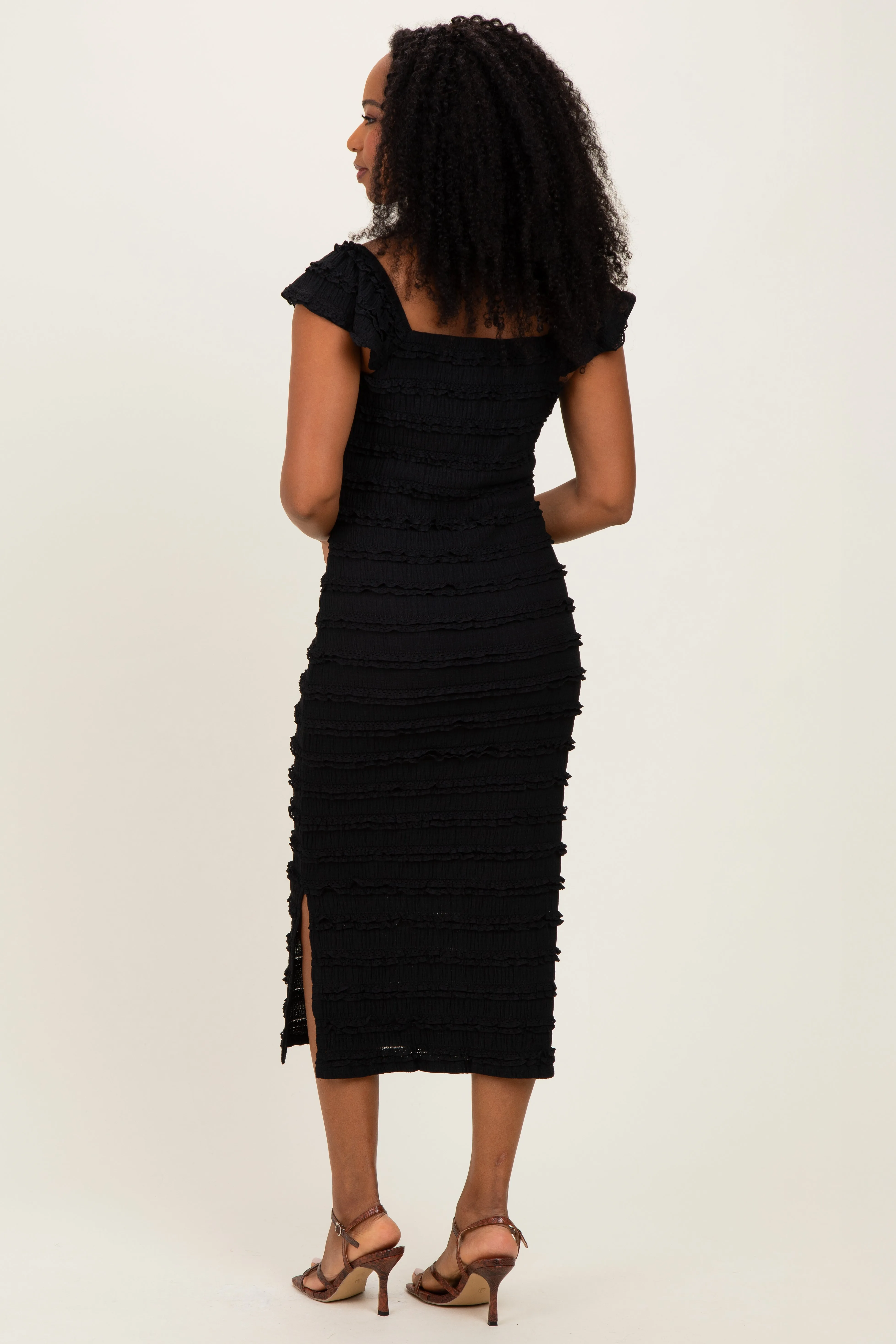 Black Smocked Ruffle Tier Midi Dress sold by Pinkblush product image thumbnail 3