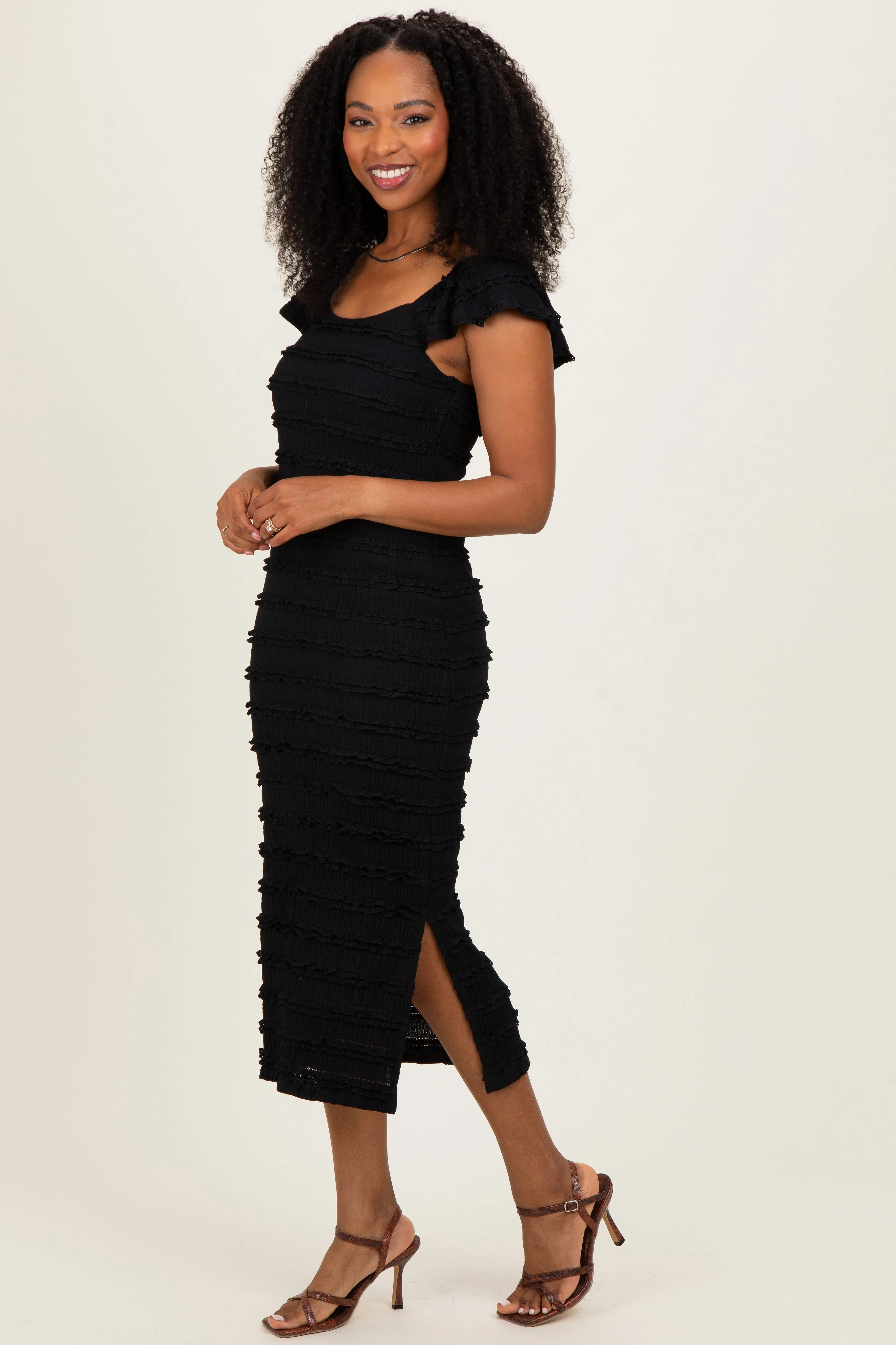Black Smocked Ruffle Tier Midi Dress sold by Pinkblush product image thumbnail 2