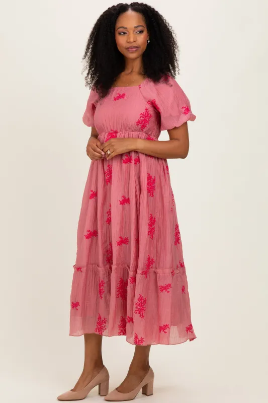 Pink Floral Print Ruffle Hem Midi Dress made by Polagram