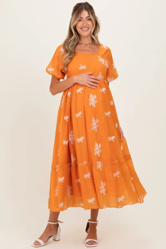Tangerine Floral Print Ruffle Hem Maternity Midi Dress made by Polagram