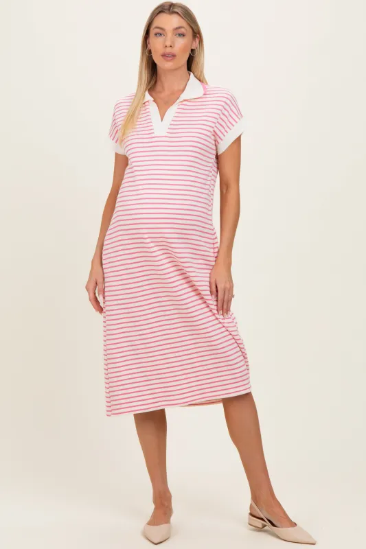 Pink Striped Polo Maternity Midi Dress made by She and Sky