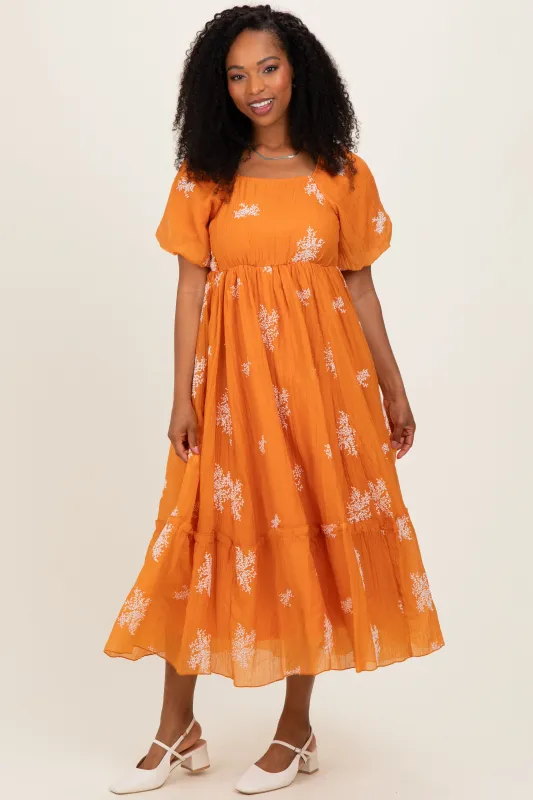 Tangerine Floral Print Ruffle Hem Midi Dress made by Polagram