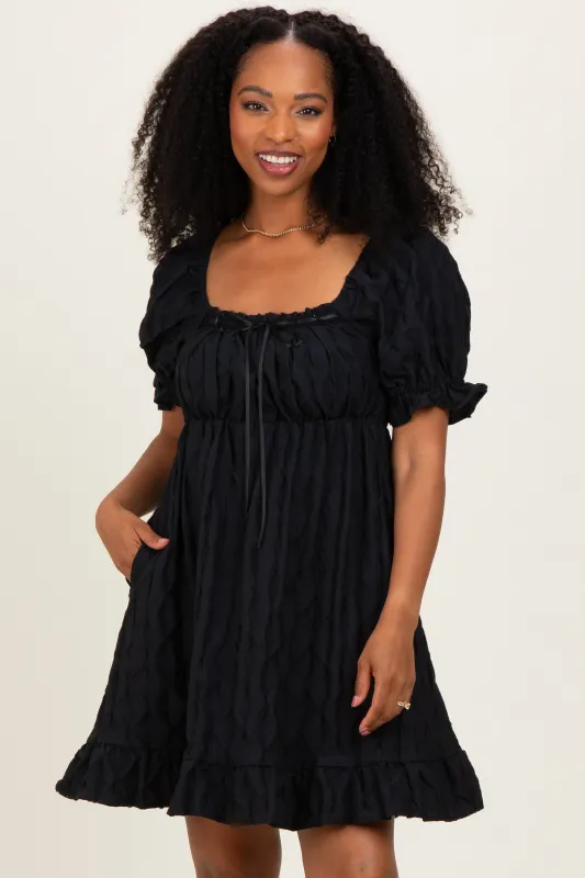 Black Textured Puff Sleeve Dress made by So Me
