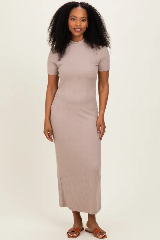 Mocha Ribbed Mock Neck Short Sleeve Midi Dress made by Pinkblush