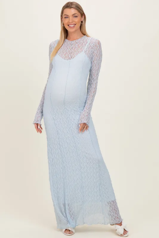 Light Blue Lace Mock Neck Long Sleeve Maternity Maxi Dress made by Pinkblush