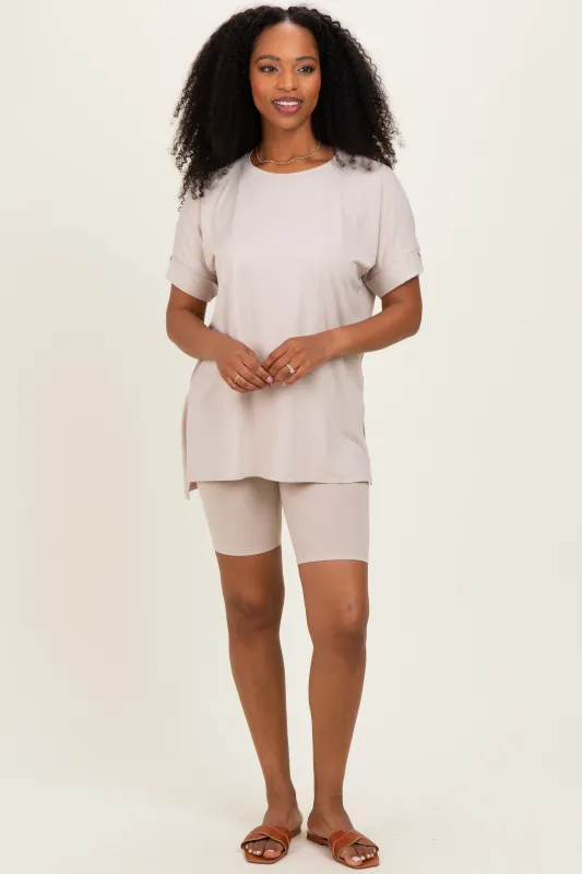 Sand Beige Hi-Low Short Sleeve Tee Biker Short Set made by Zenana Outfitters