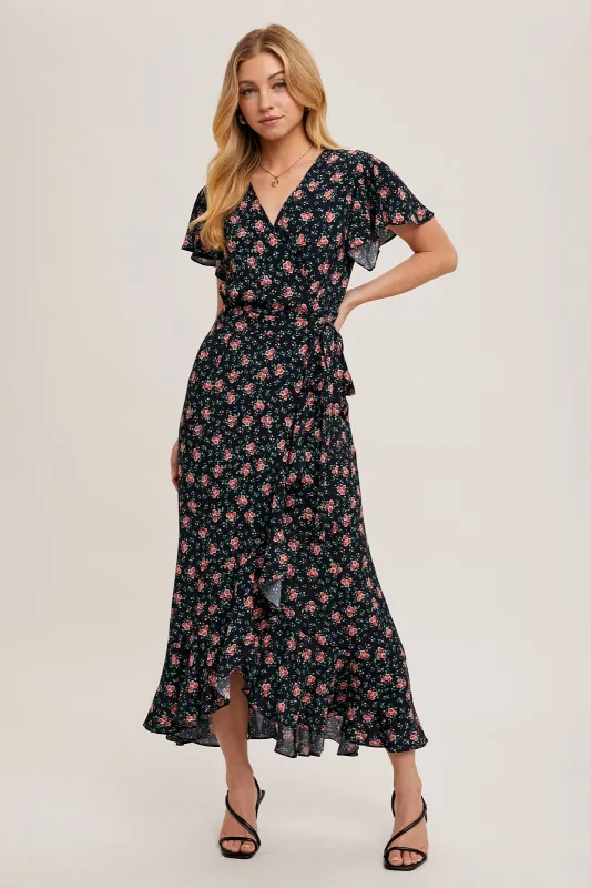 Red Floral Ruffled Hem Wrap Maxi Dress made by Bluivy