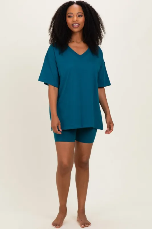 Teal Oversized V-Neck Biker Short Set made by Zenana Outfitters