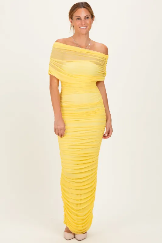 Lemon Ruched Mesh Foldover Off Shoulder Maxi Dress made by cameo