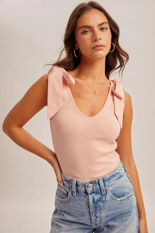 Pink Bow Tie Detail Sleeveless V Neck Ribbed Top made by Hem & Thread