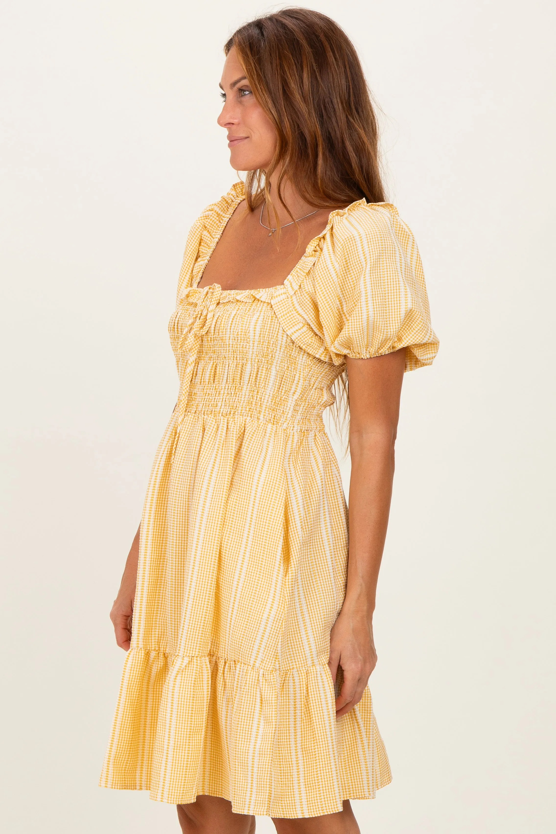 Yellow Gingham Smocked Ruffled Puff Sleeve Dress sold by Pinkblush product image thumbnail 3