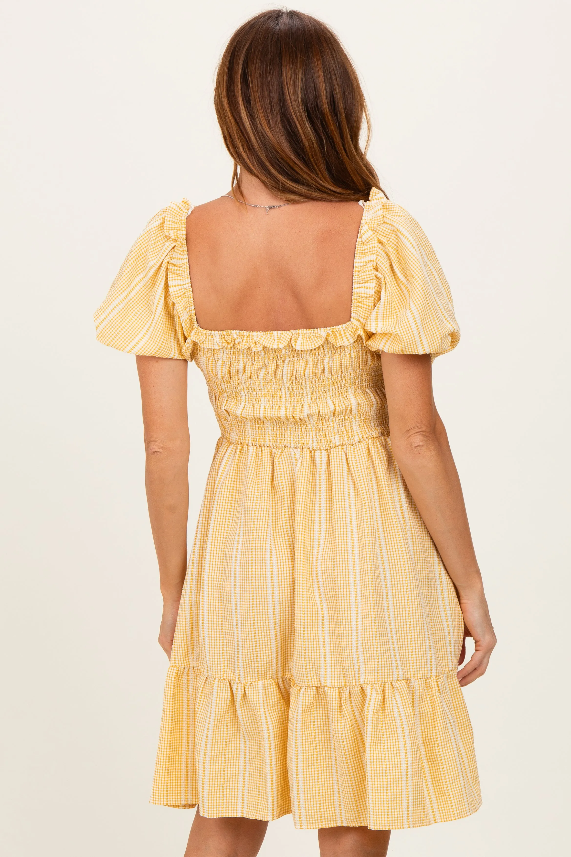 Yellow Gingham Smocked Ruffled Puff Sleeve Dress sold by Pinkblush product image thumbnail 4