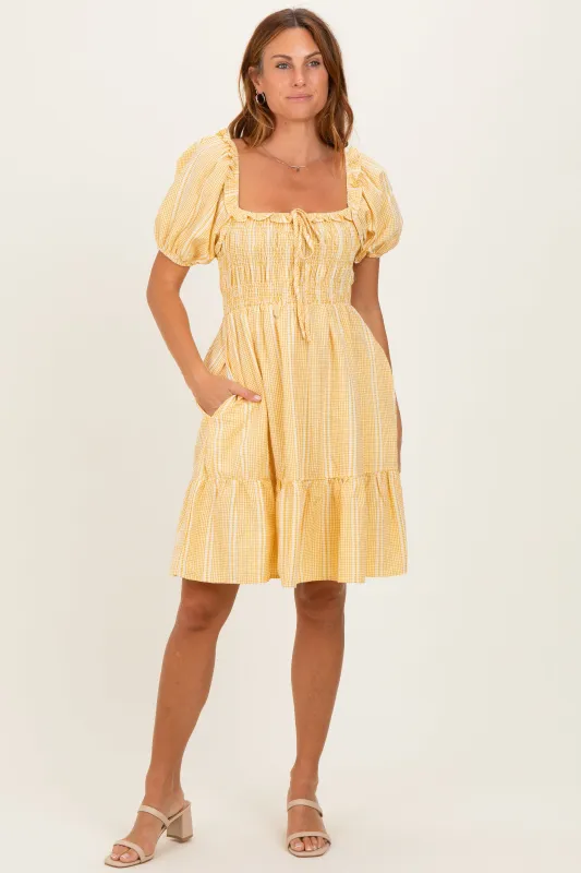 Yellow Gingham Smocked Ruffled Puff Sleeve Dress made by Pinkblush