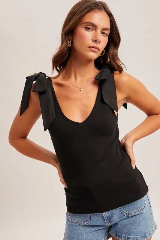 Black Bow Tie Detail Sleeveless V Neck Ribbed Top made by Hem & Thread