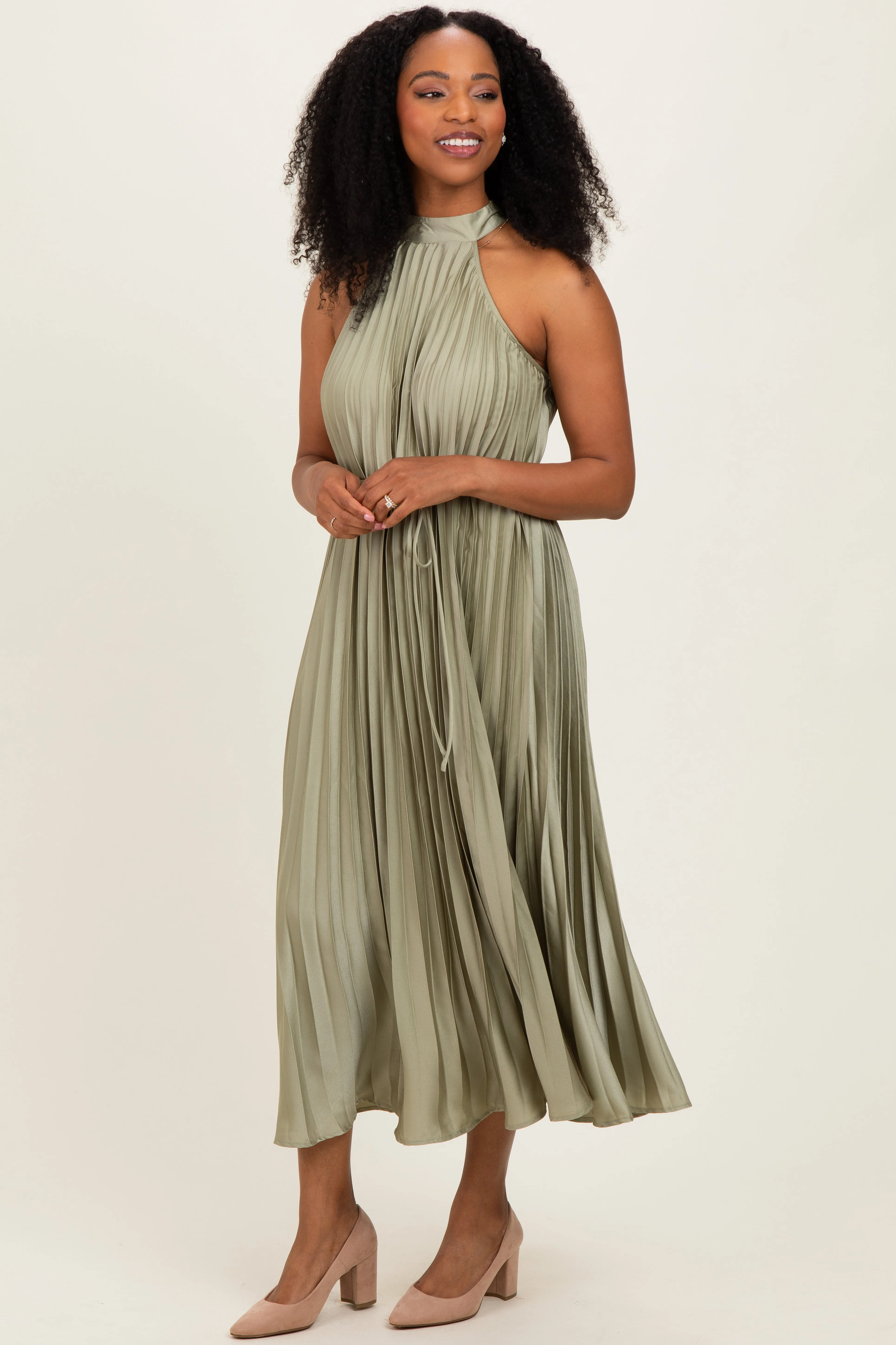 Light Olive Pleated Halter Dress sold by Pinkblush product image thumbnail 3